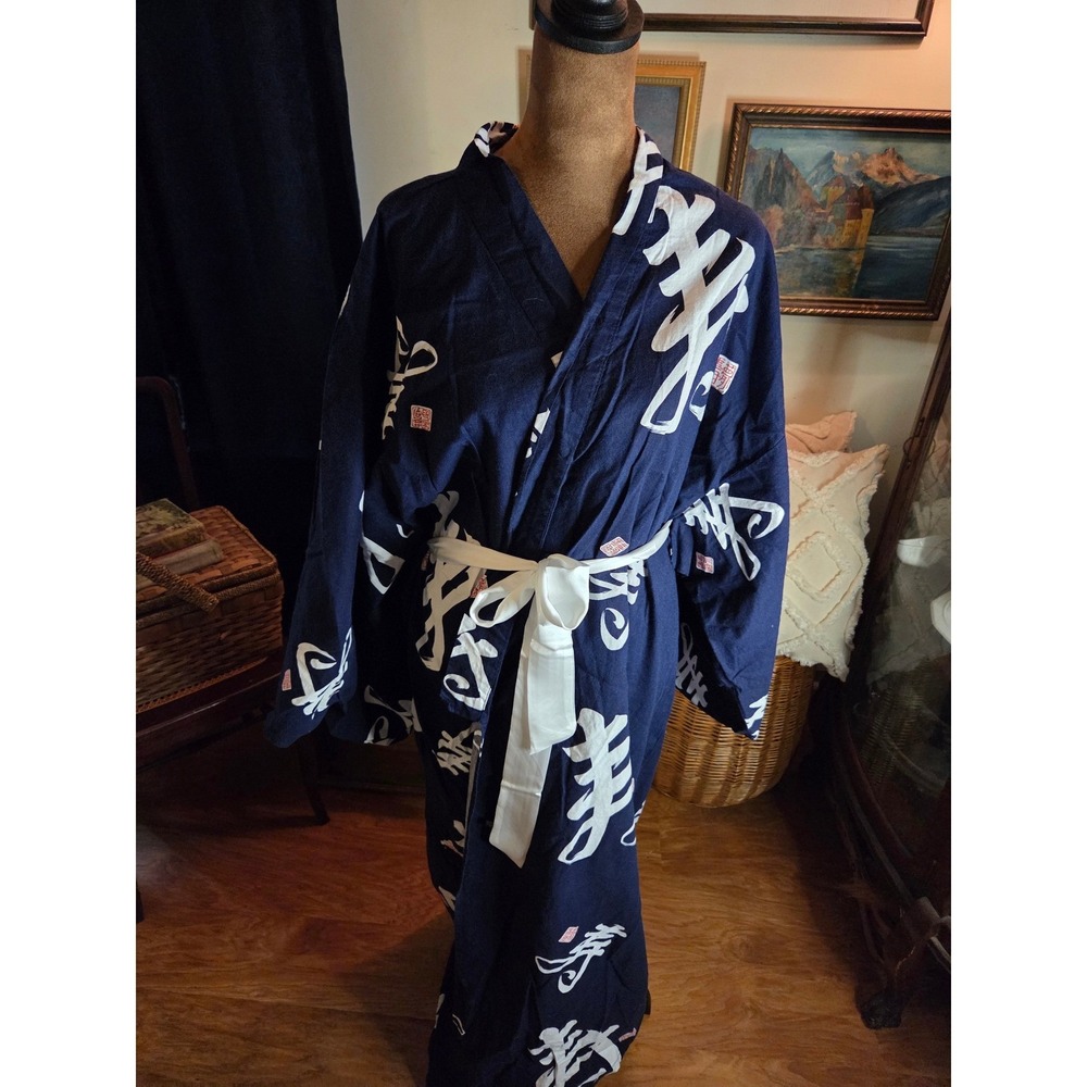 Tokyo Blue Bathrobe Lightweight 100% Cotton Kimono Spa Sleepware Pool Cover-up - Picture 2 of 8